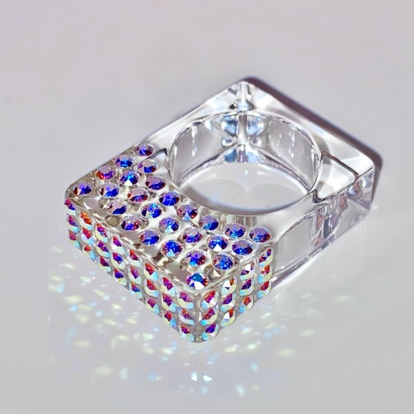 Acrylic Statement Ring• Iridescent Aurora Swarovski Crystals • Geometric Ring - Picture 13 of 15